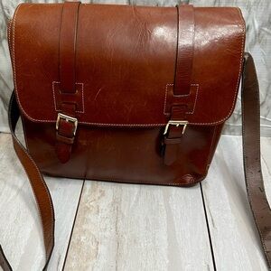 Brown Leather Men's Messenger Bag Crossbody Strap Unlined Brass Buckles Classic